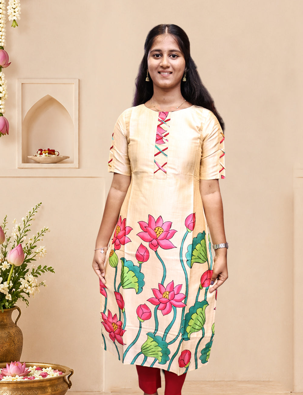 Cream & Pink Floral Silk Kurti 3-Piece Set with Dupatta