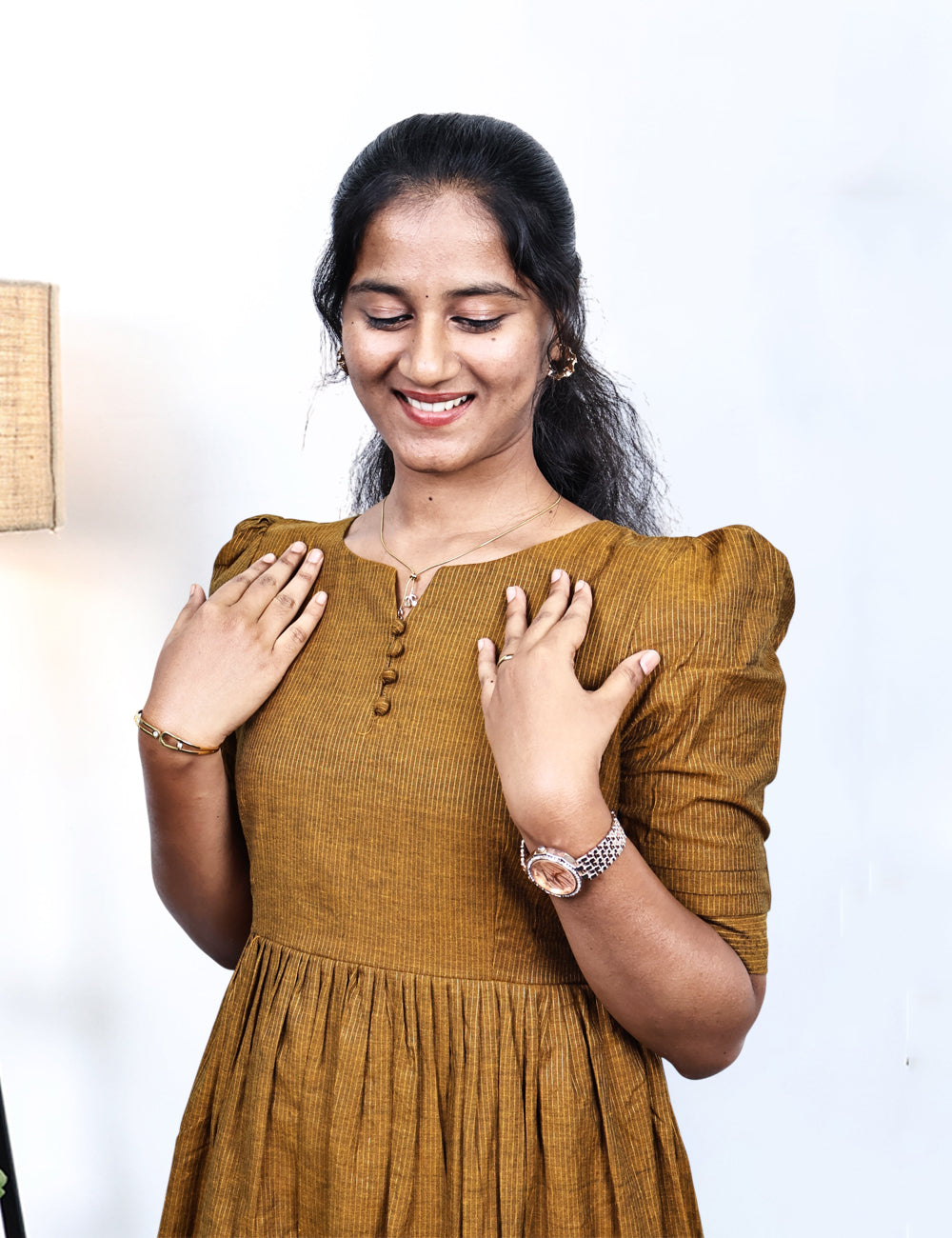 Mustard Cotton with Lurex Pinstripe Maxi Dress