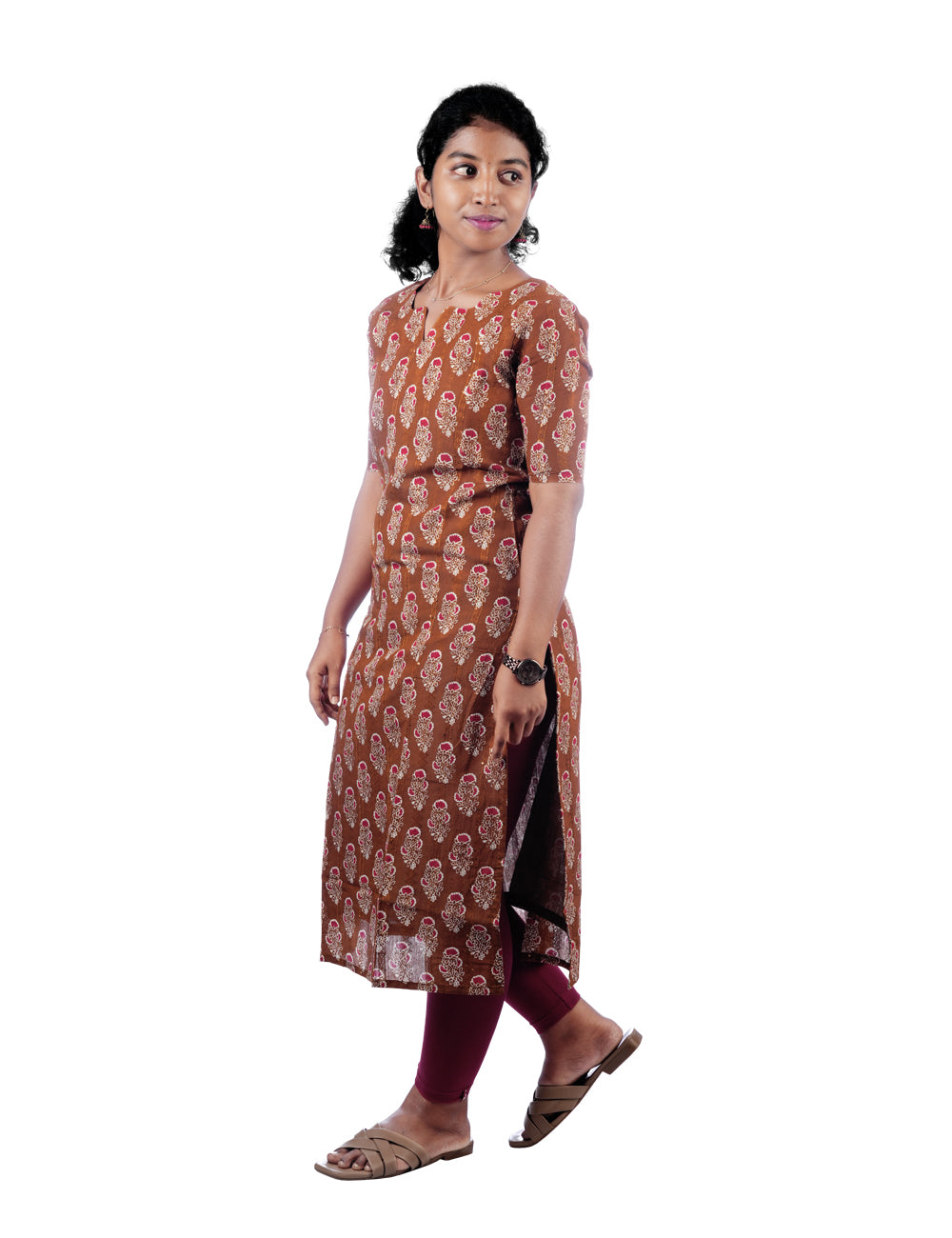 BROWN FLORAL PRINTED OVIYA STRAIGHT KURTI
