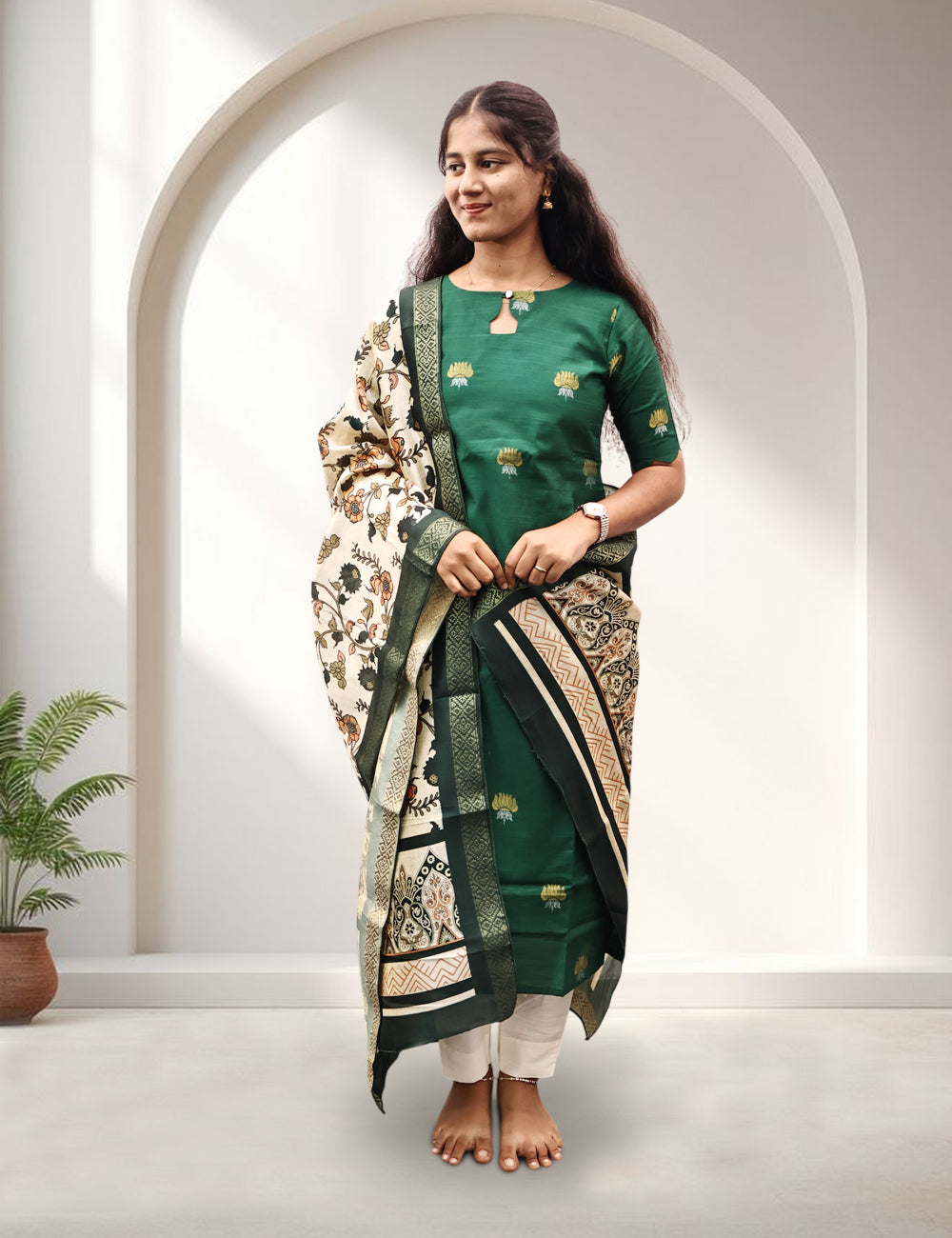 Green Lotus Motif Raw Silk Kurti Set