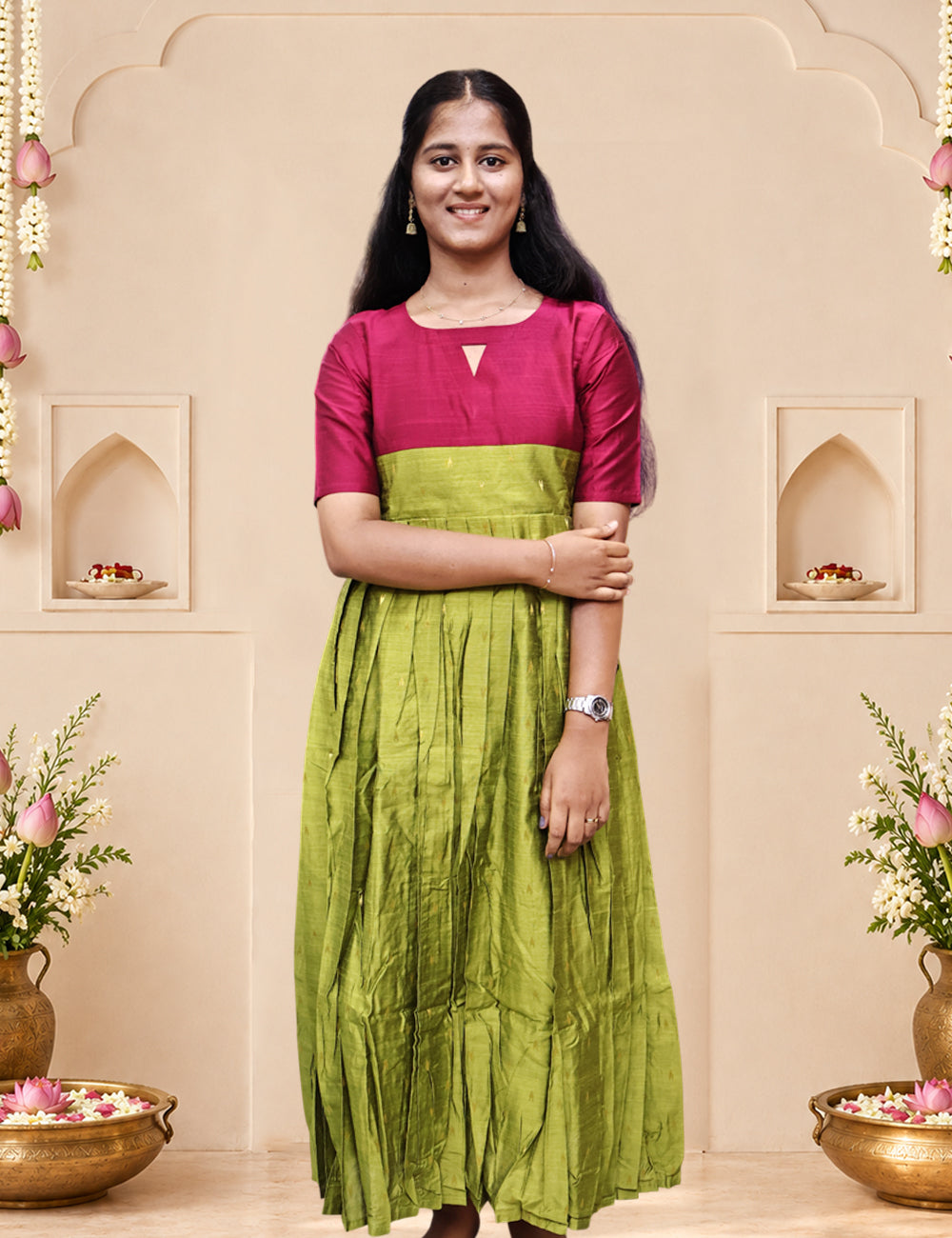 Leaf Green & Magenta Raw Silk Festive Frock