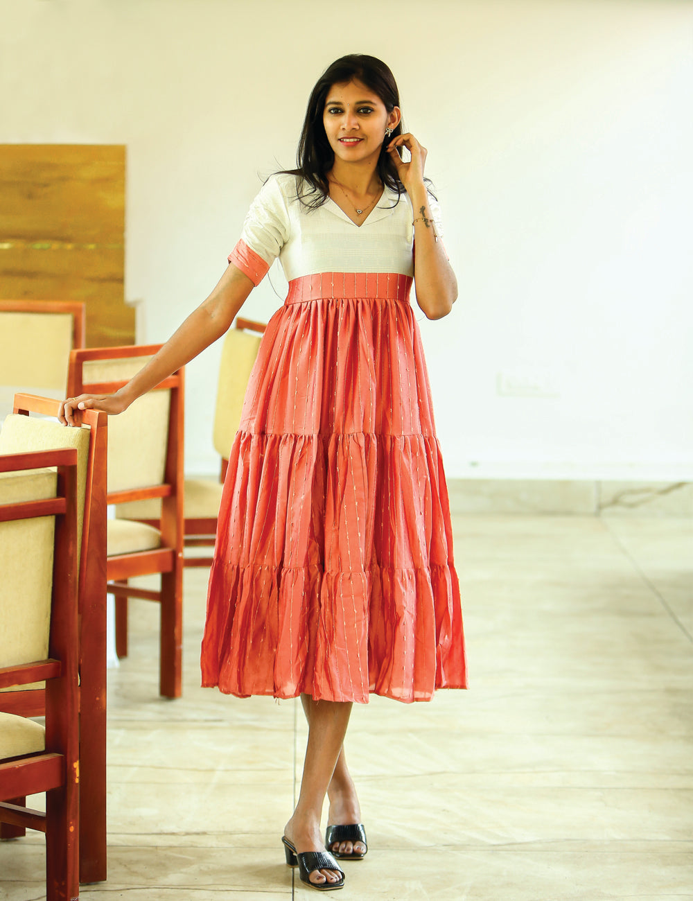 Anaya Two-Tone Coral & Cream Midi Dress for Women
