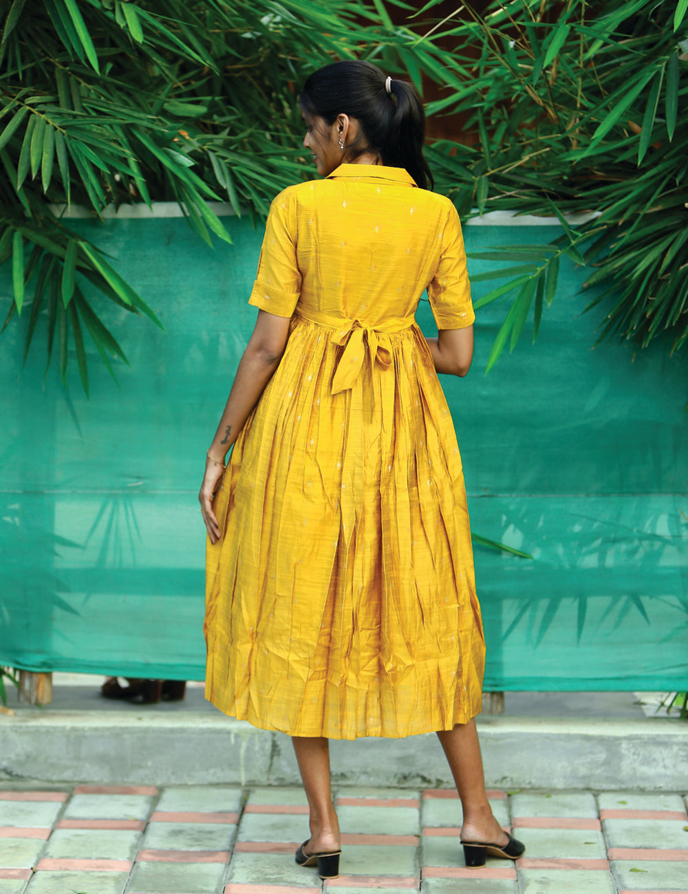 Mustard Yellow Pleated Midi Dress for Women