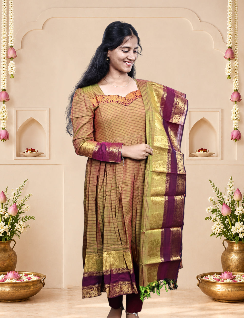 Brown Chettinad Cotton Kurti & Dupatta Set
