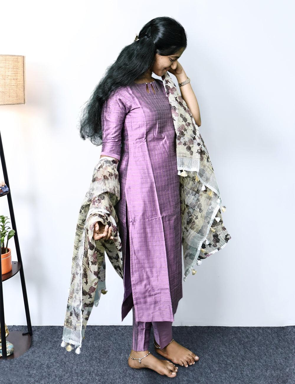 Lavender Raw Silk Kurti Set with Kota Doria Dupatta