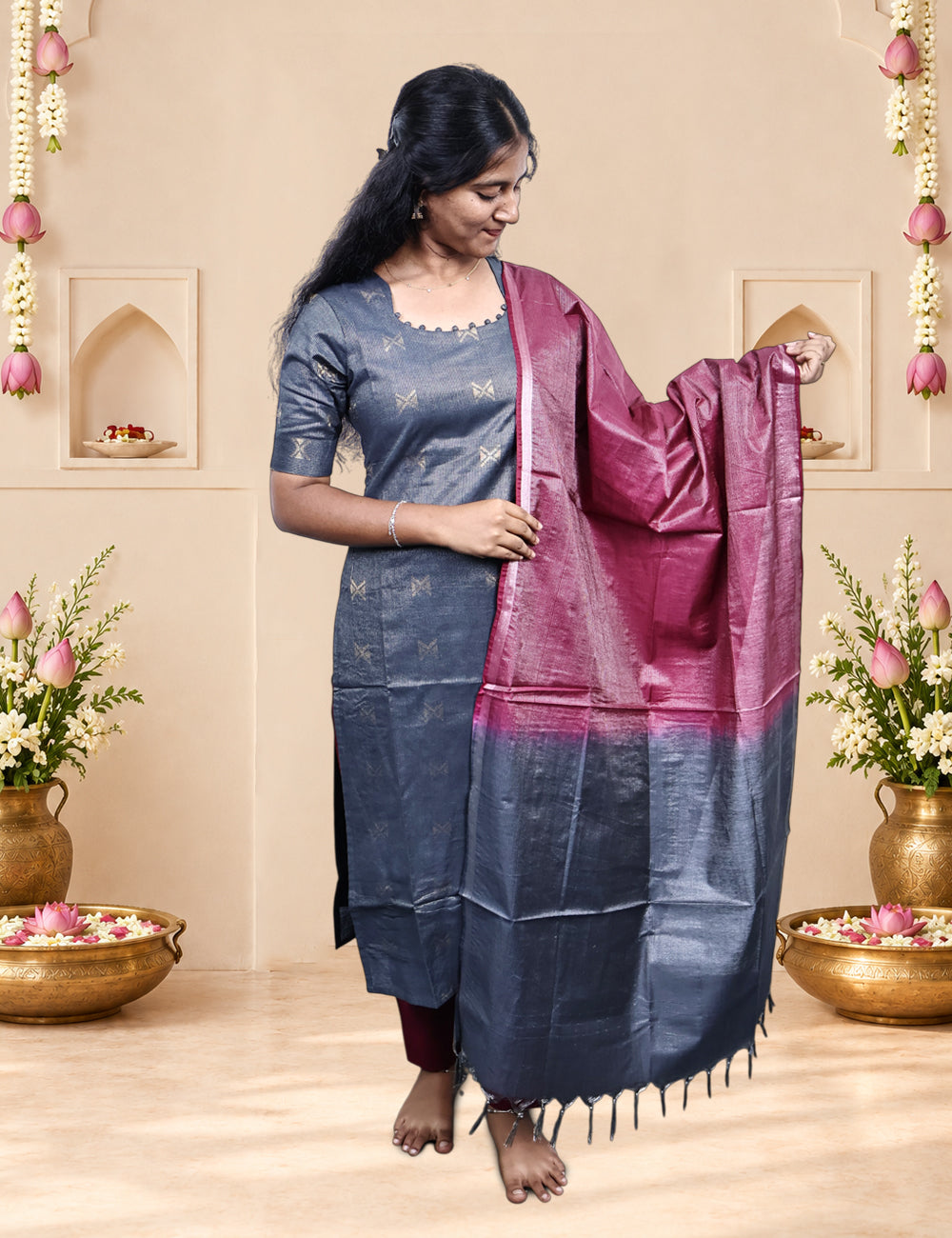Charcoal / Maroon Tissue Banaras Kurti Set