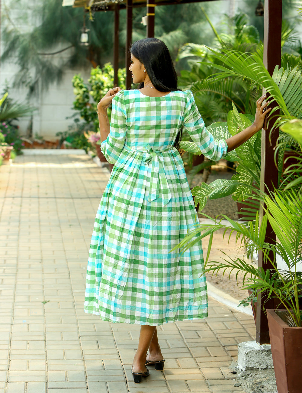 Green checked Vritika Cotton Maxi Dress for Women