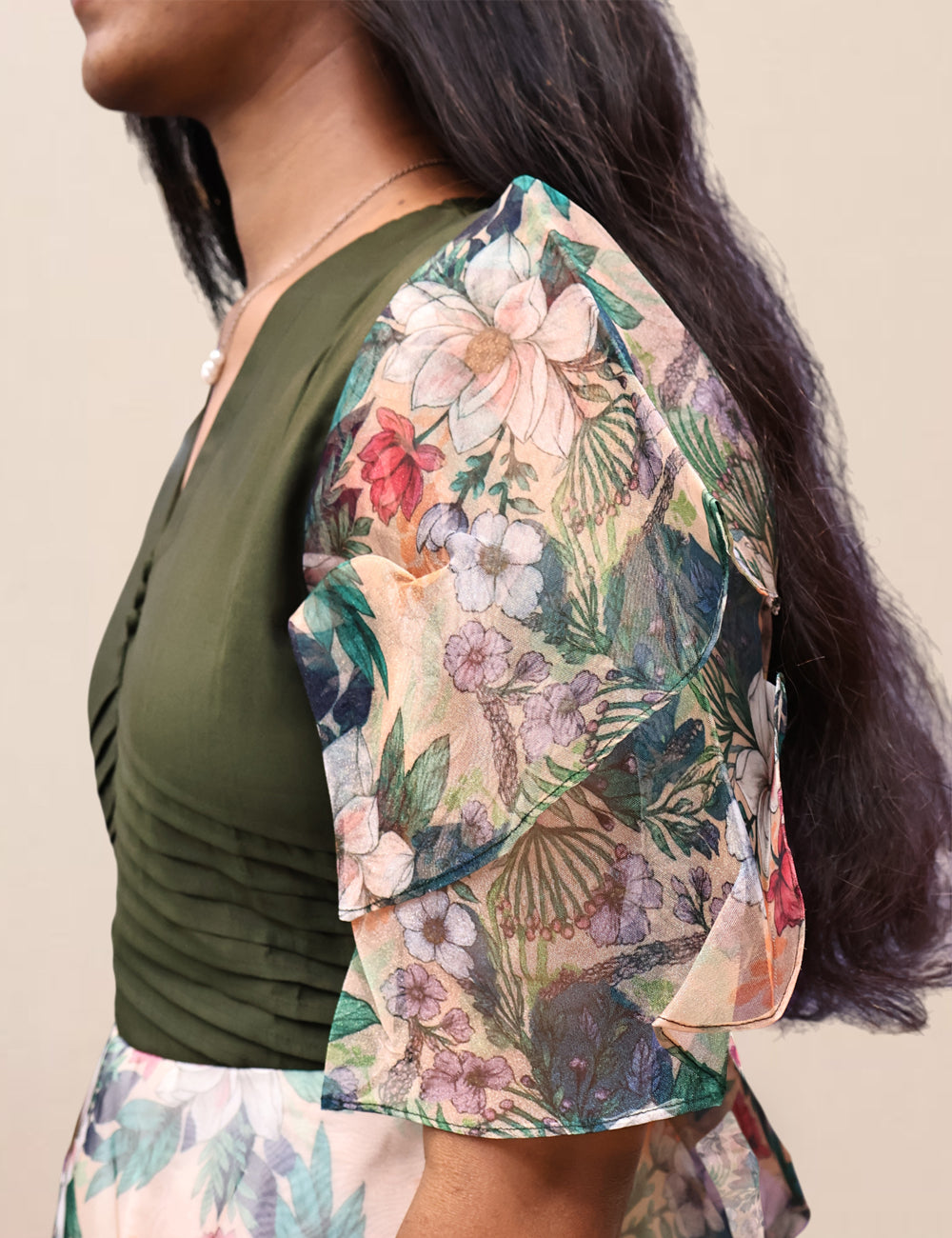 Olive Green & Floral Organza Flared Dress