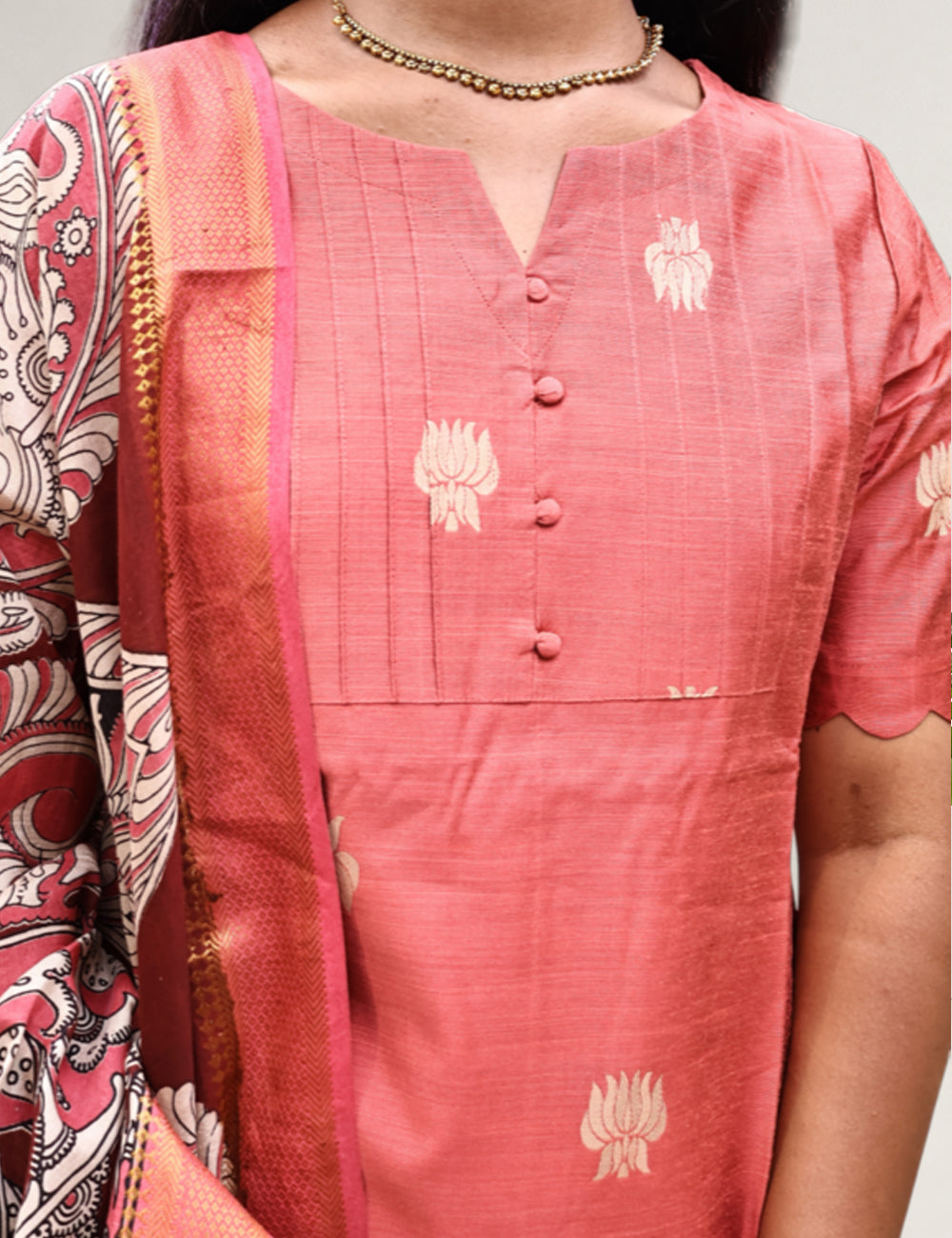 Coral Pink Raw Silk Kurti 3-Piece Set