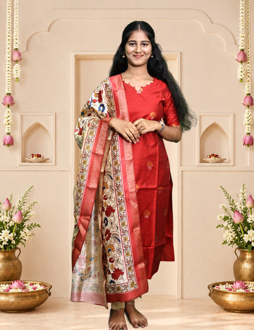 Red Raw Silk Kurti Set with Madhubani Printed Dupatta