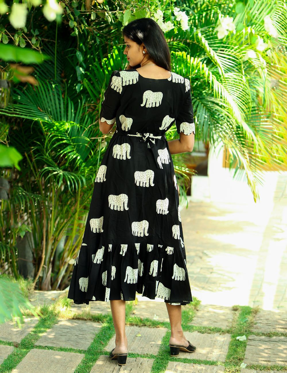 Black Elephant Print Cotton Maxi Dress for Women