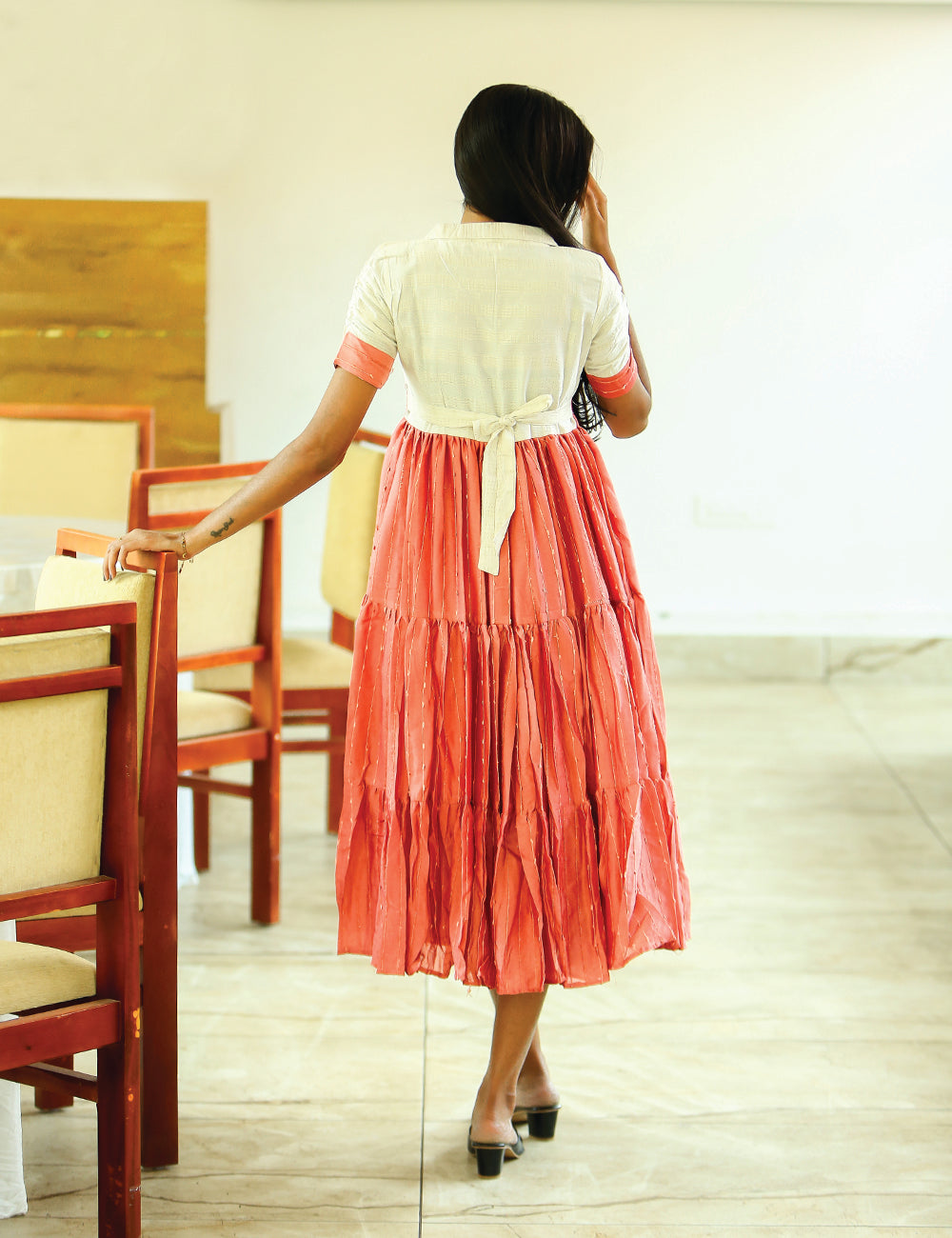 Anaya Two-Tone Coral & Cream Midi Dress for Women
