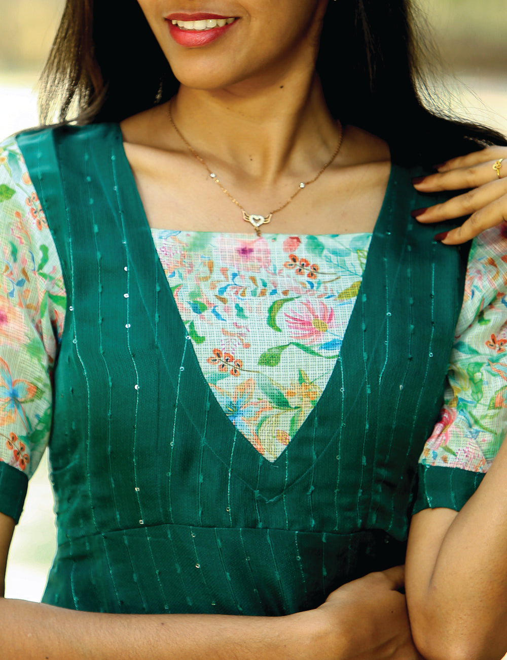Dark Green Vihana Organza Kota Maxi Dress for Women