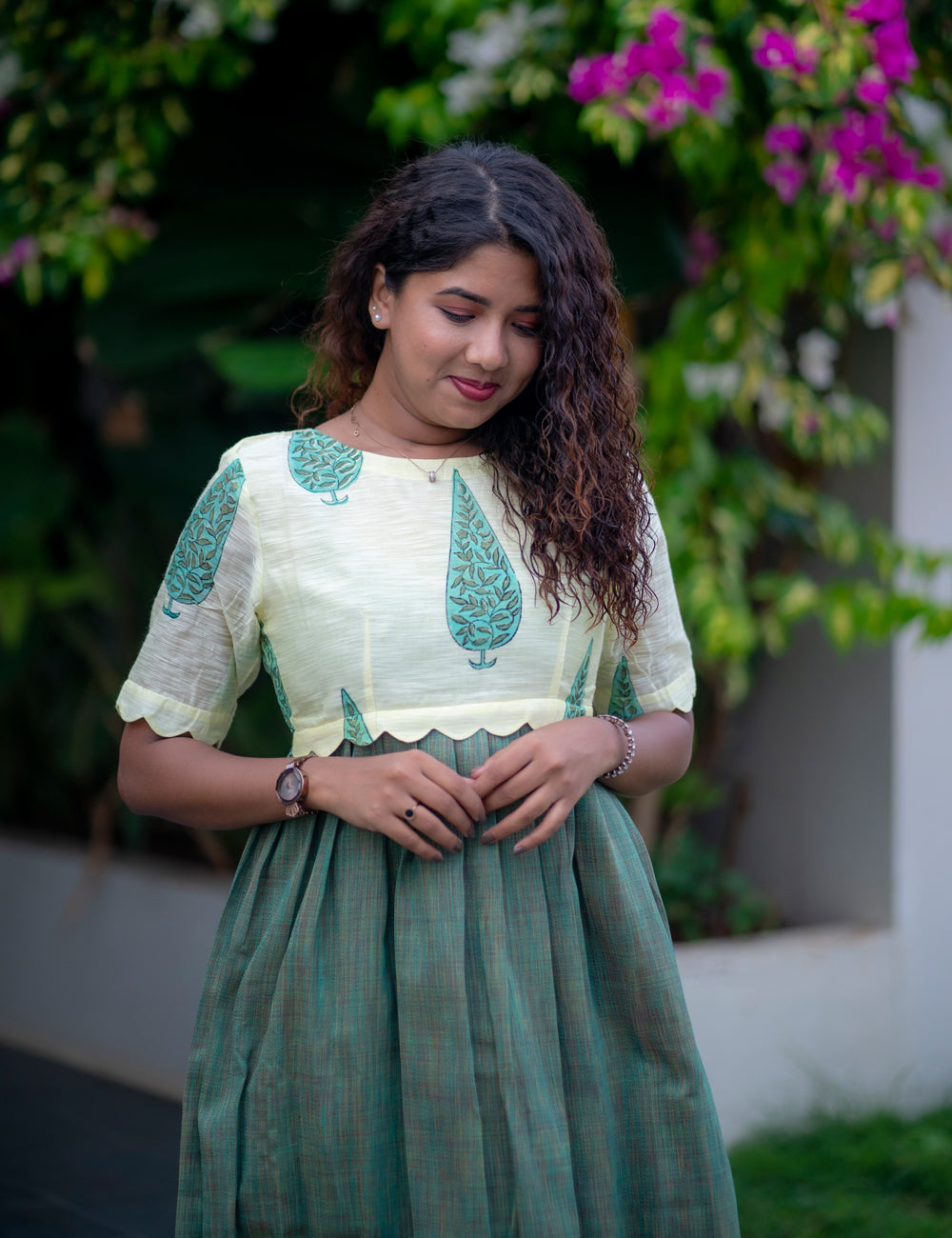 GREEN MELANGE SLUBSILK WITH IVORY CHANDERI SILK ZARA FULL FROCK