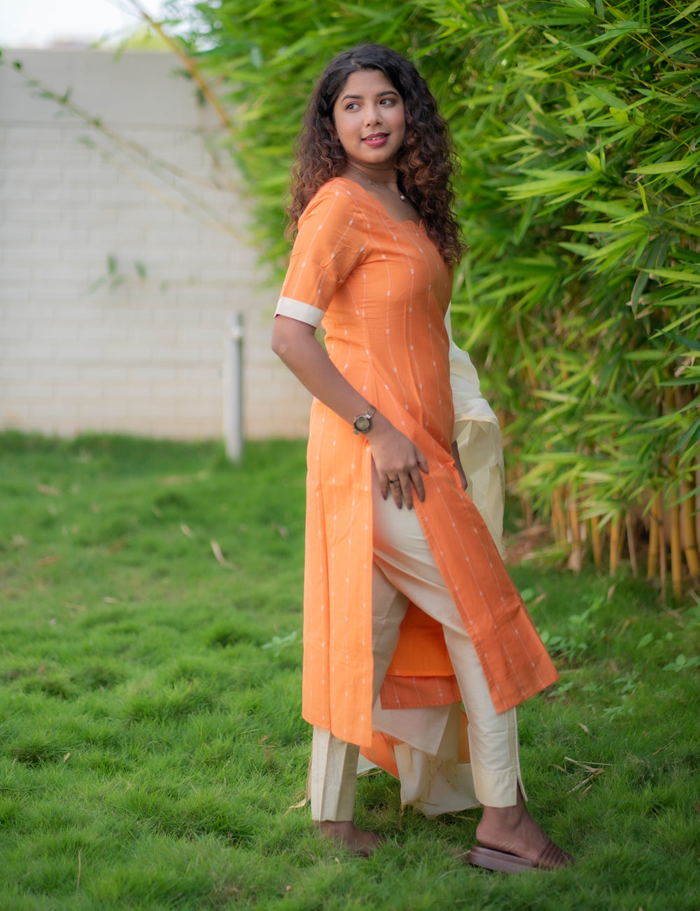 PEACH ORANGE RAW SILK BUTTA DESI GRACE KURTI SET 3 PCS