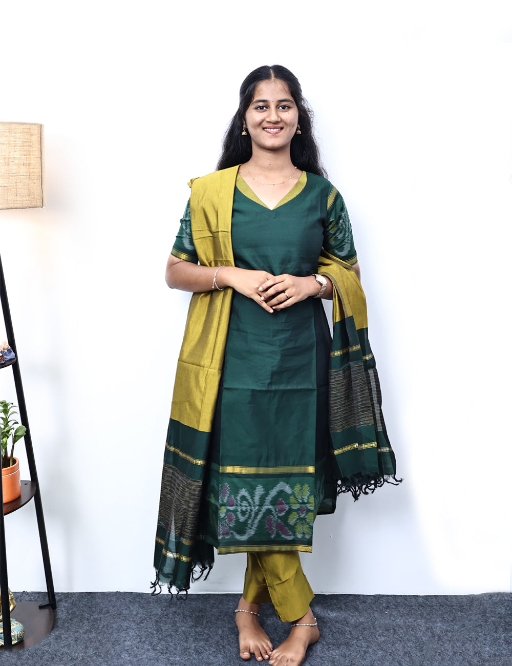 Green pochampally siko silk kurti set