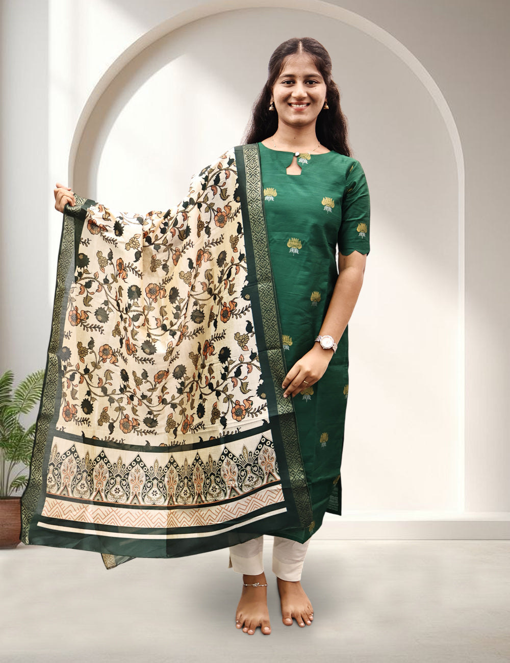 Green Lotus Motif Raw Silk Kurti Set