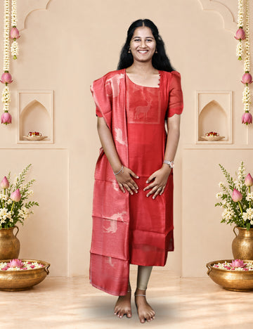 Red Deer Motif Kurti and Dupatta Set