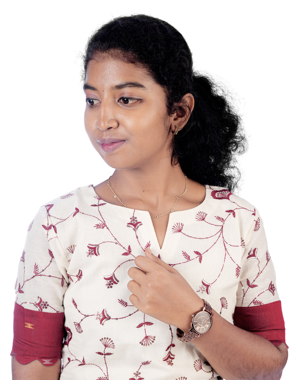 OFF-WHITE WITH MARRON EMBROIDERED TISHA ETHNIC KURTI