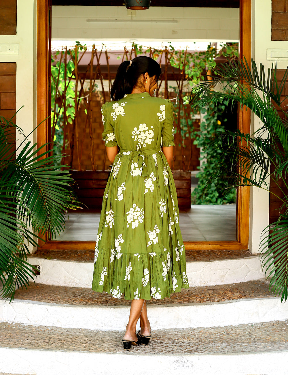 Ishika Olive Bloom Cotton Maxi Dress for Women