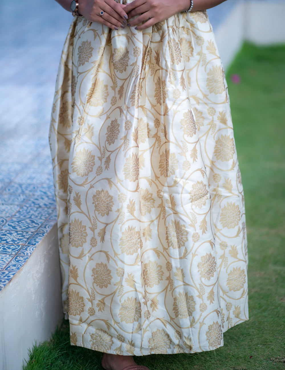 CREAM WITH RED BANARASI SHINY FULL FROCK