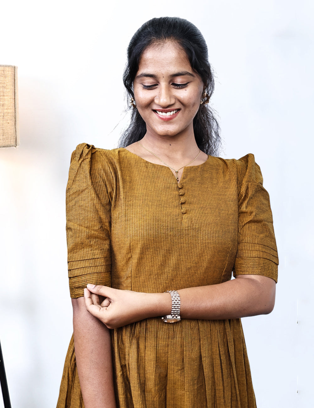 Mustard Cotton with Lurex Pinstripe Maxi Dress
