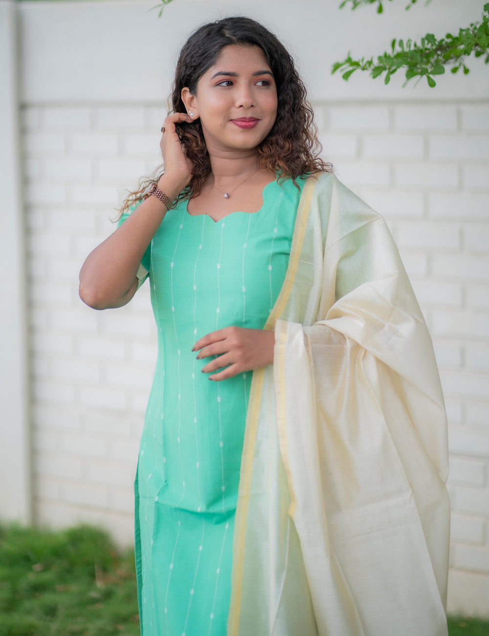 AQUA GREEN RAWSILK INIYA KURTI SET 3 PCS