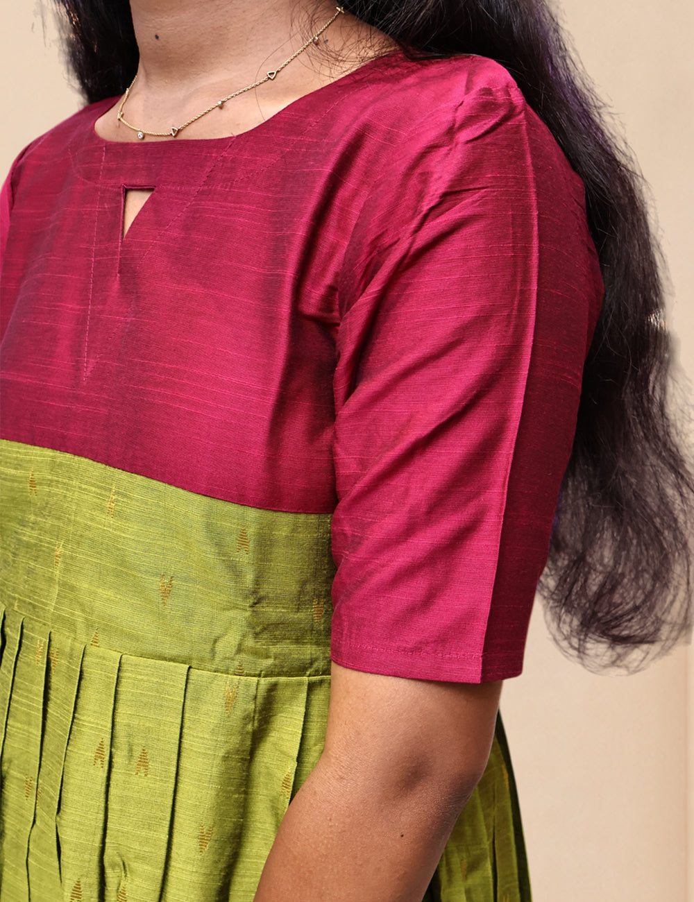 Leaf Green & Magenta Raw Silk Festive Frock
