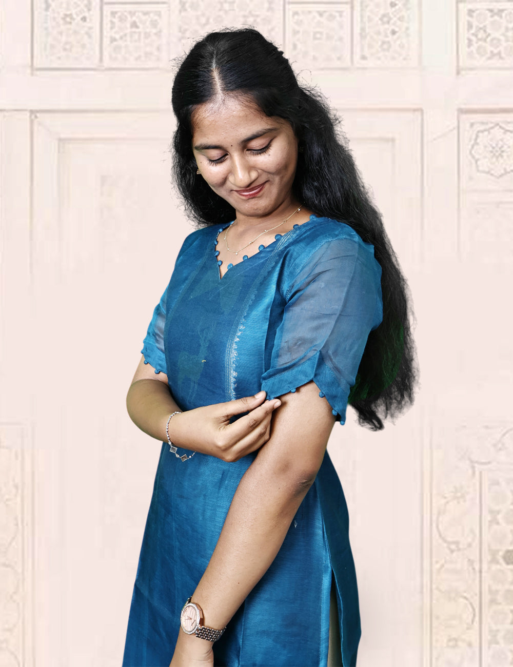 Teal Blue Deer Motif Kurti and Dupatta Set