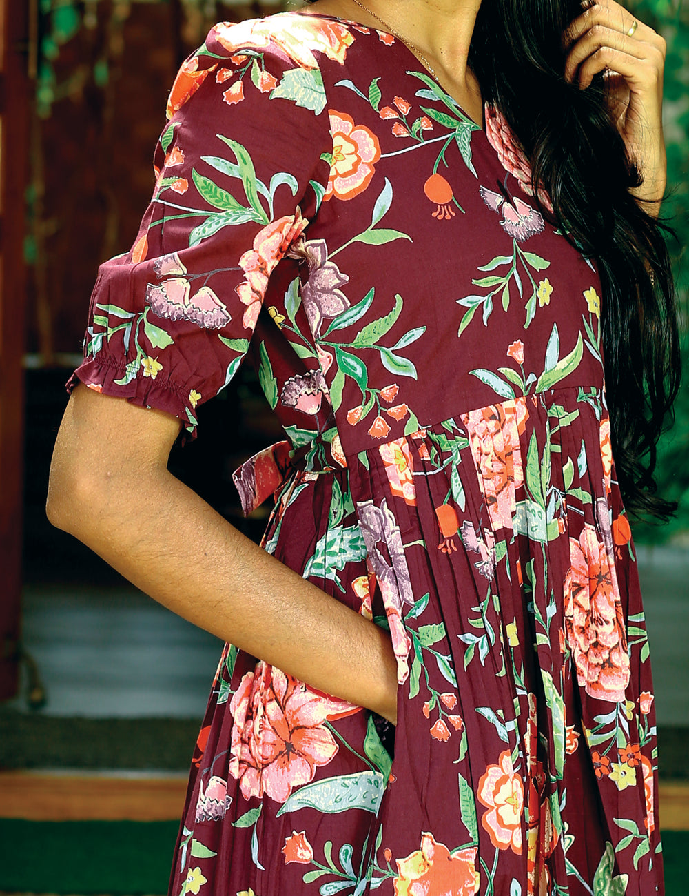 Maroon Roslyn Floral Cotton Maxi Dress for Women