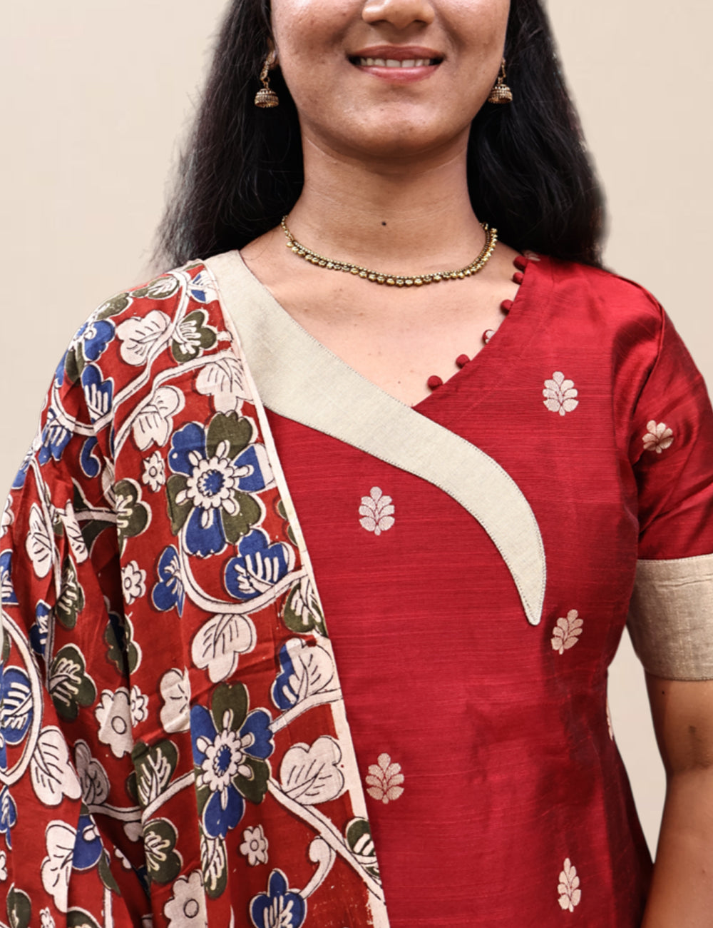 Maroon Raw Silk Kurti Set with Cotton Kalamkari Dupatta