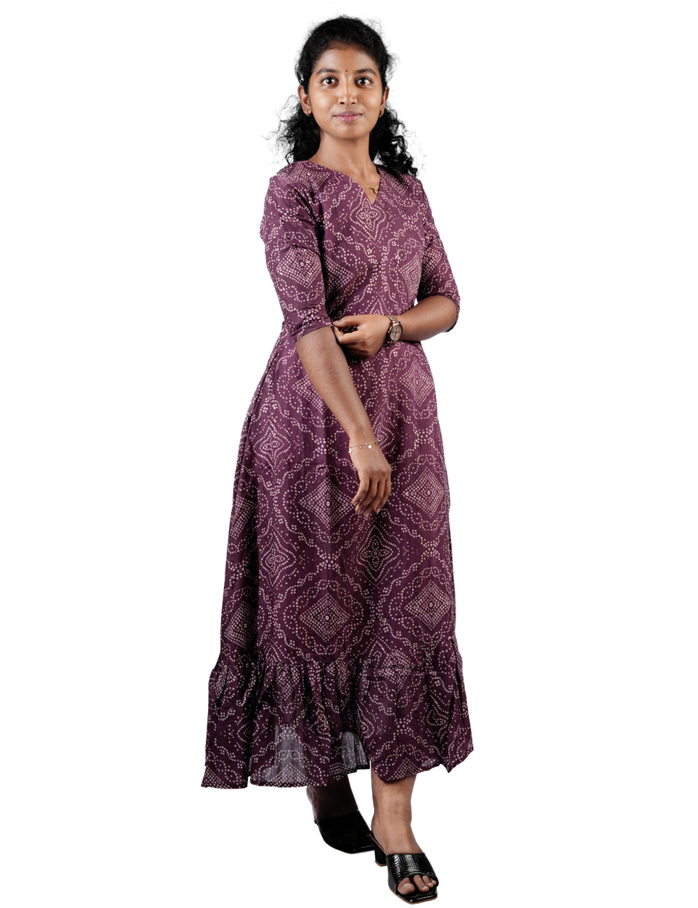 WINE COLOR PRINTED BANDHINI RENU A-LINE MAXI