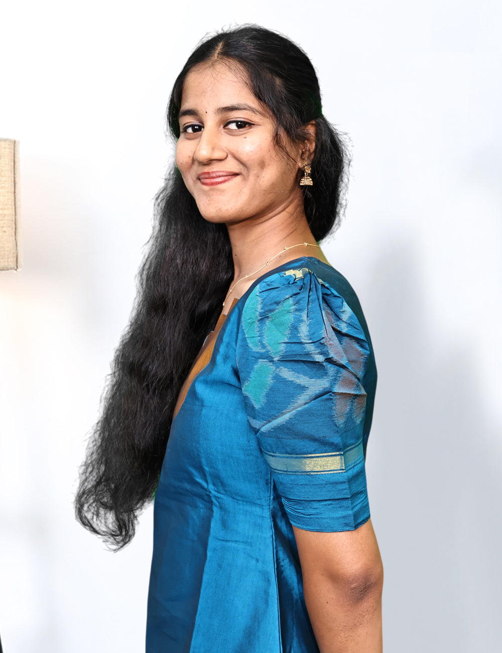 Teal blue Pochampally Siko Silk 3-Piece Kurti Set