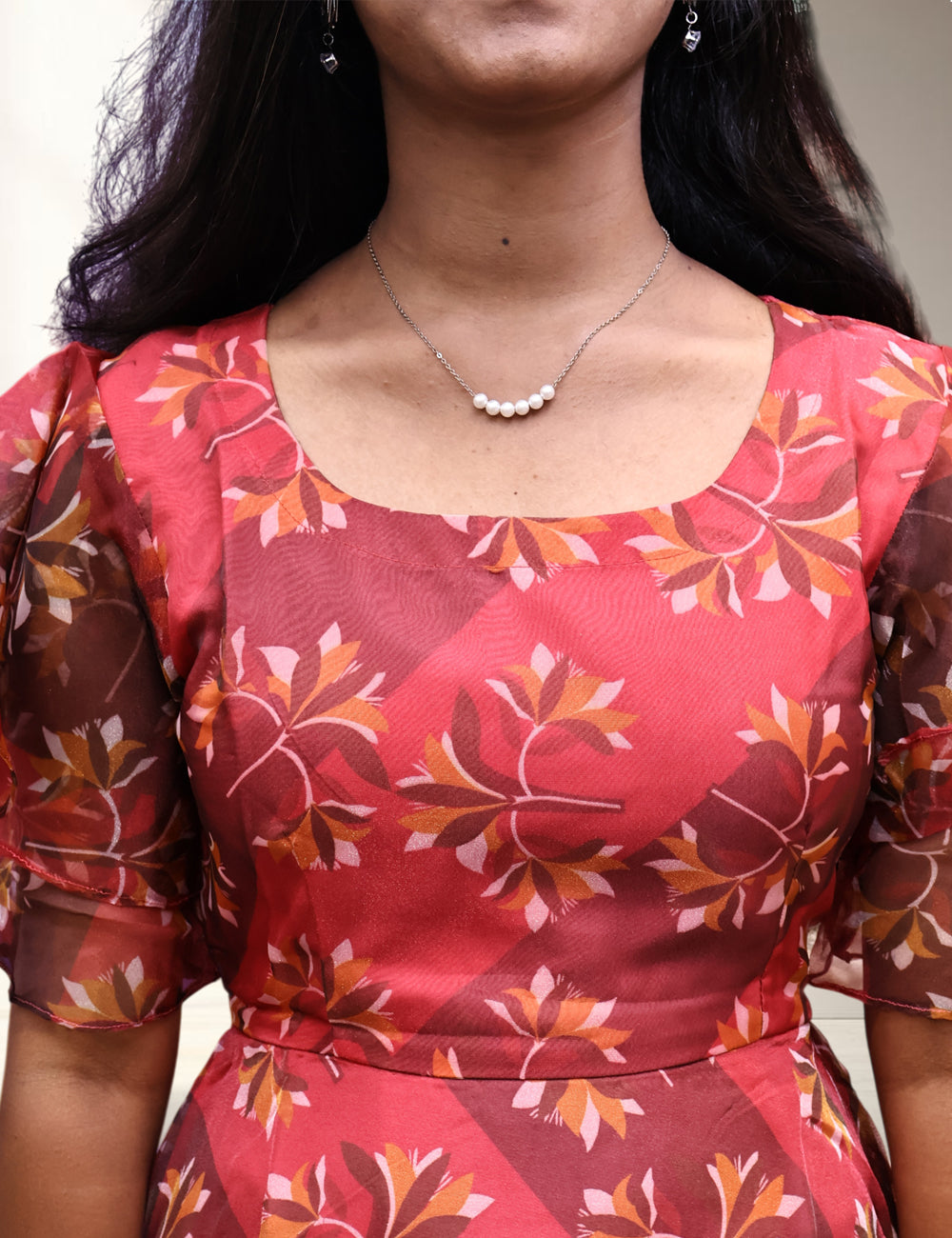 Red Floral Printed Organza Frock