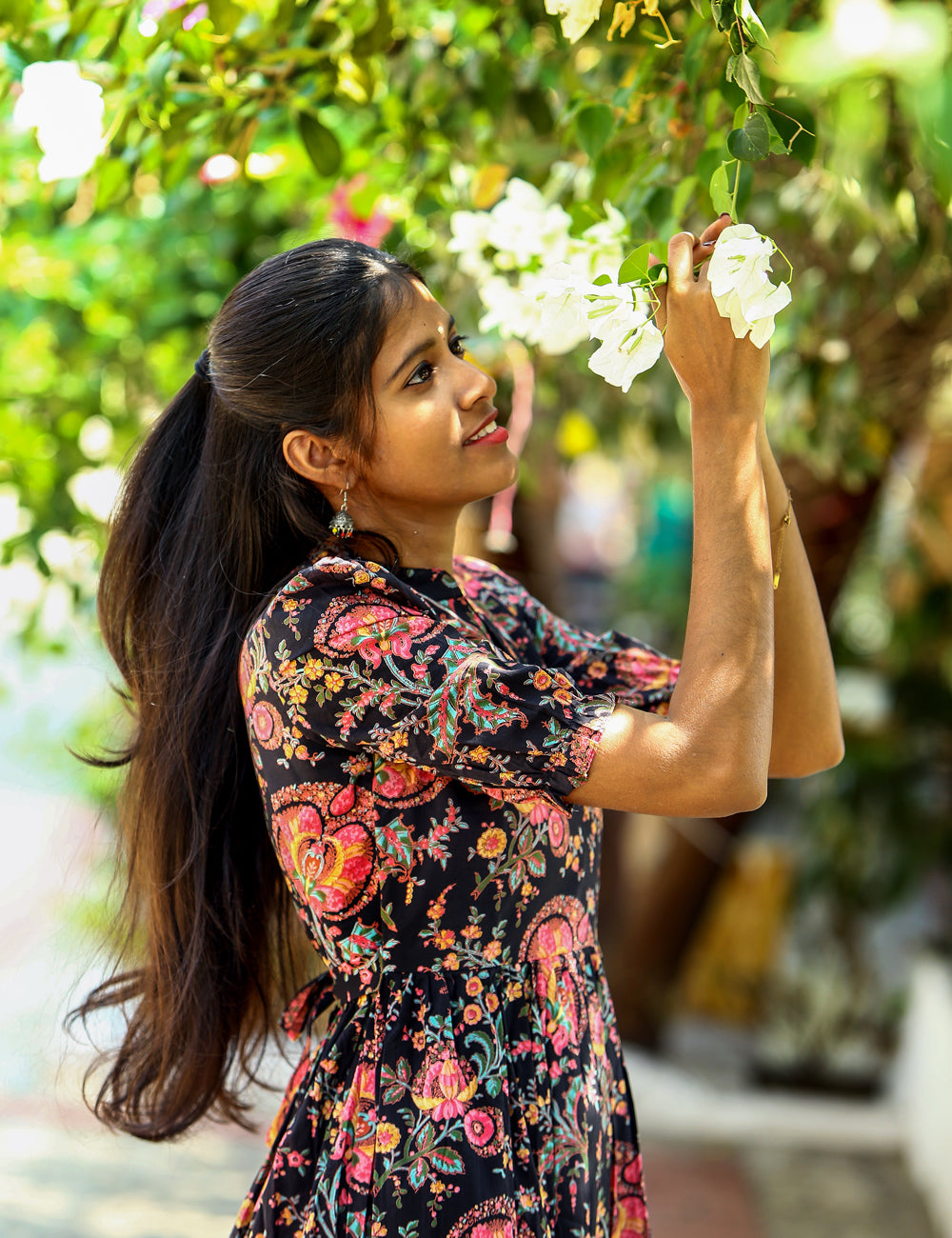 Black Nishika Floral Cotton Maxi Dress for Women