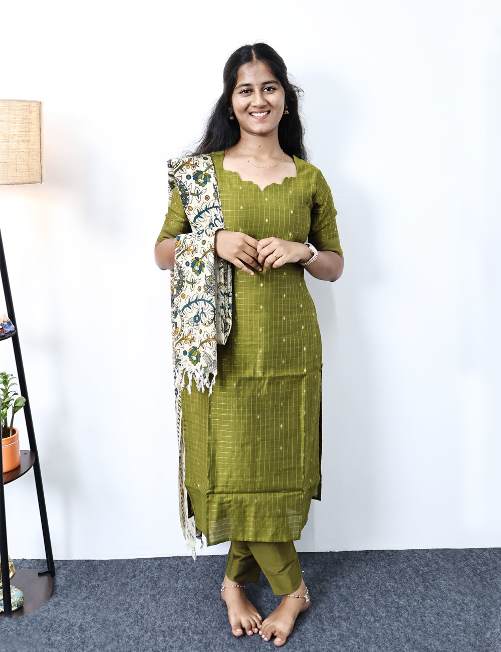 Olive Green Raw Silk Kurti Set with Printed Dupatta