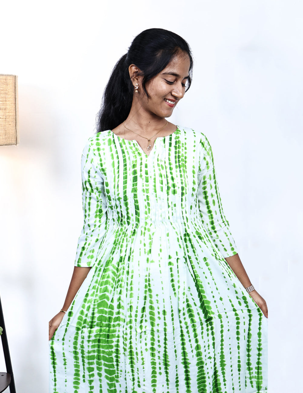 White / Green Tie-Dye A-line Kurti
