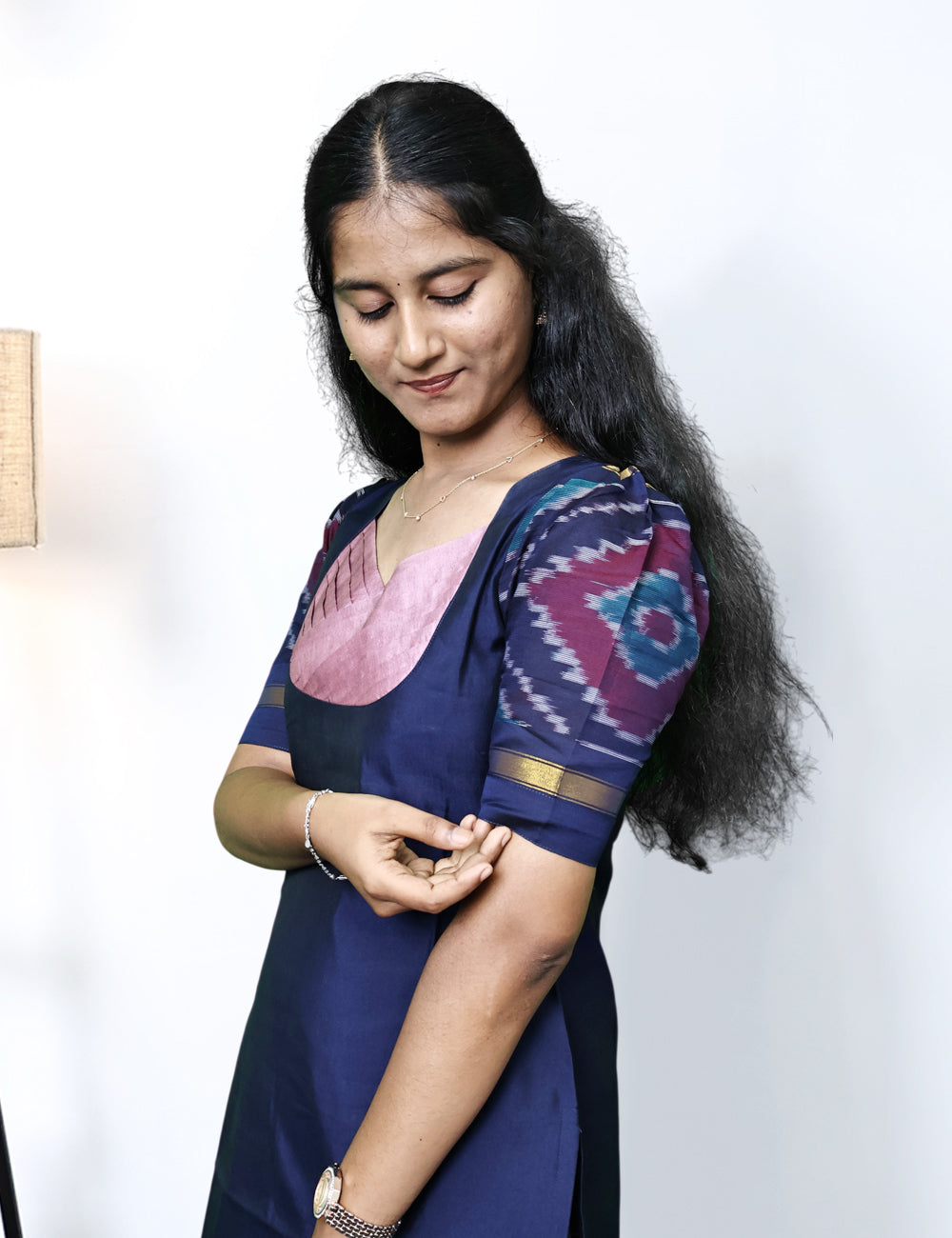 Navy Blue Pochampally Siko Silk Kurti Set with Pink Dupatta