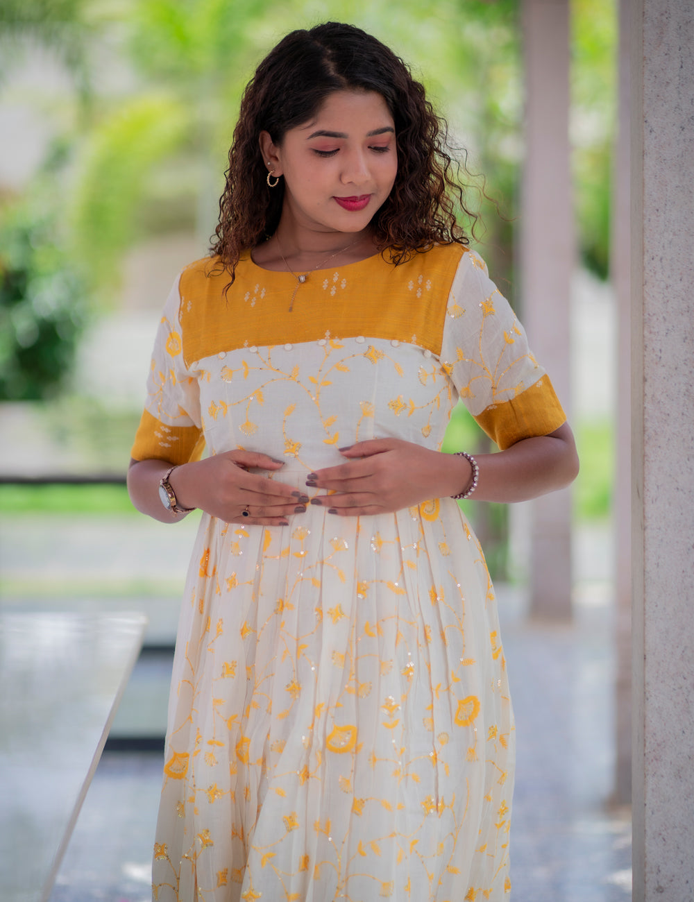 OFFWHITE ALLOVER YELLOW EMBROIDERED WITH MUSTARD RAWSILK OSHNI DRESS