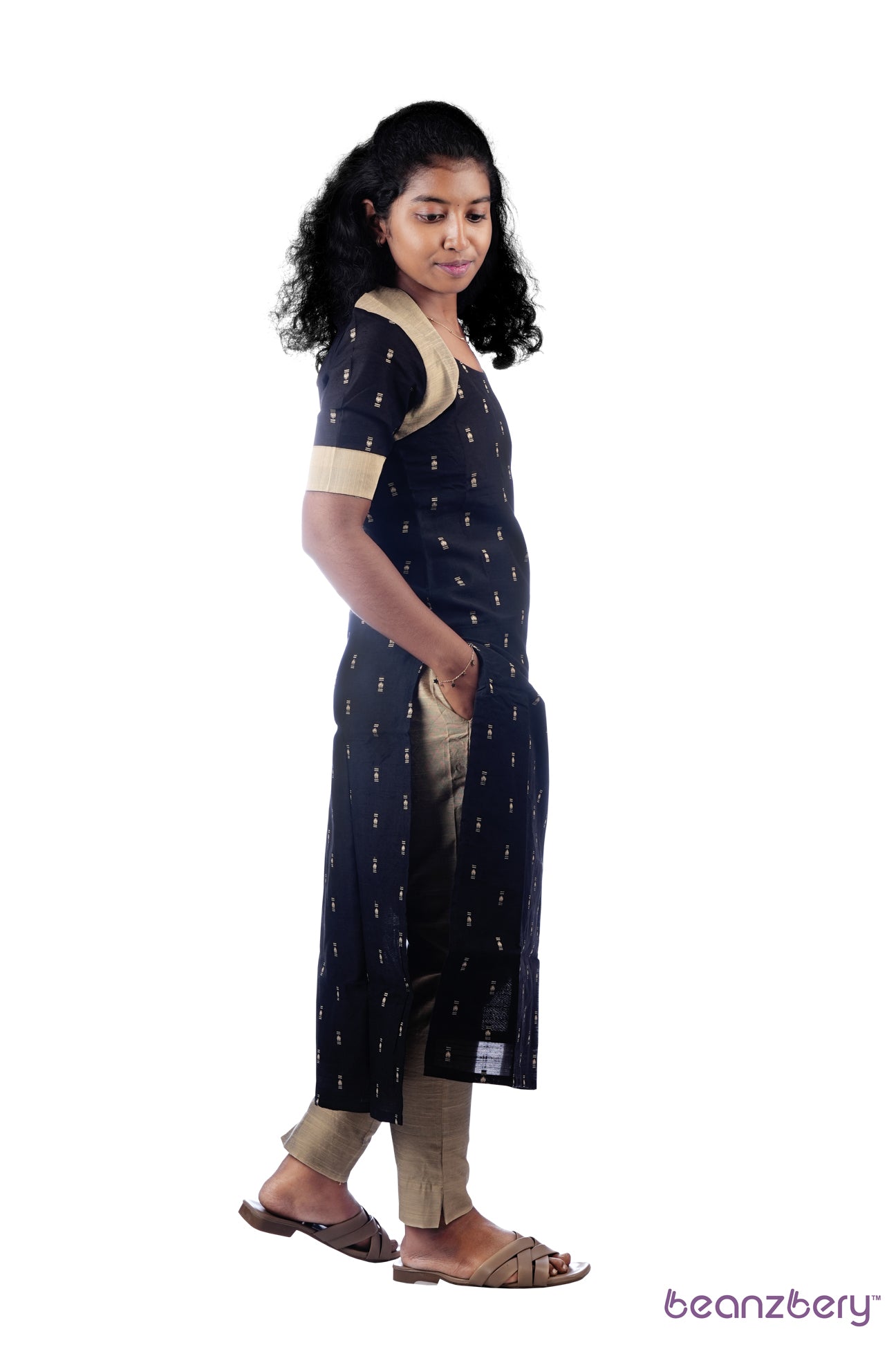 BLACK WITH GOLD RAW SILK KIARA ETHNIC KURTA SET 3PC