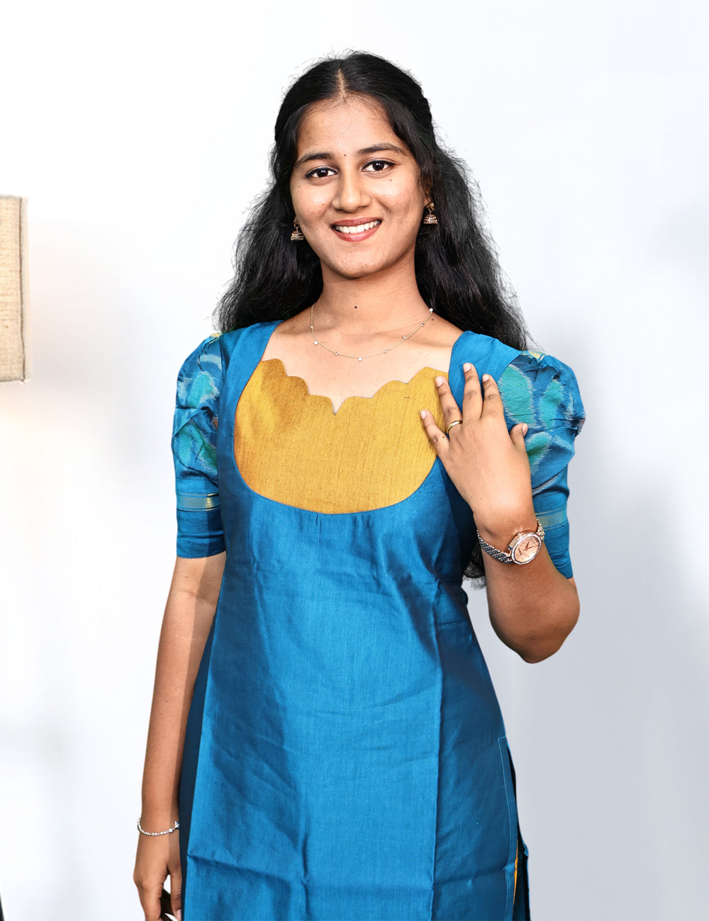 Teal blue Pochampally Siko Silk 3-Piece Kurti Set