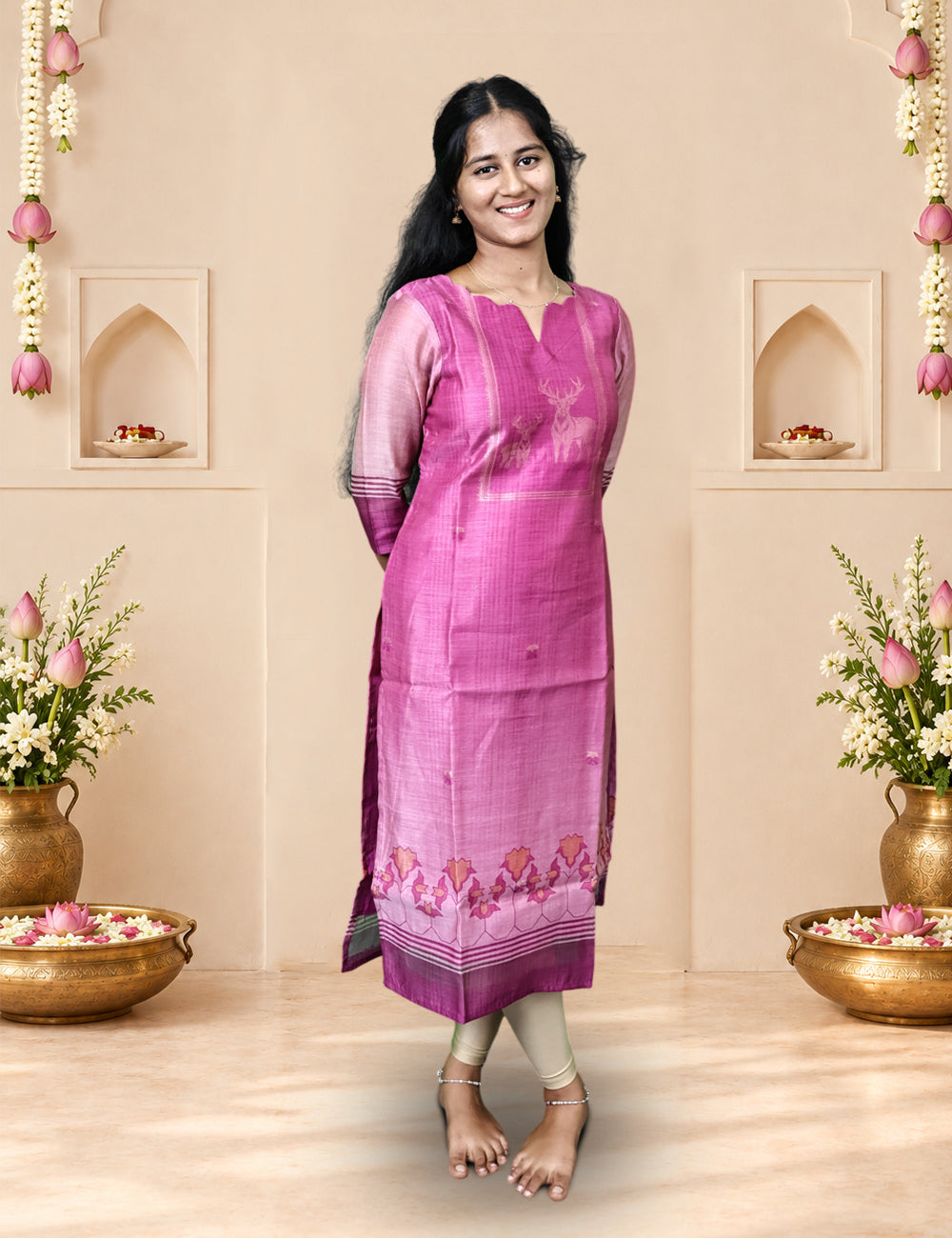 Mauve Deer Motif Kurti & Dupatta Set