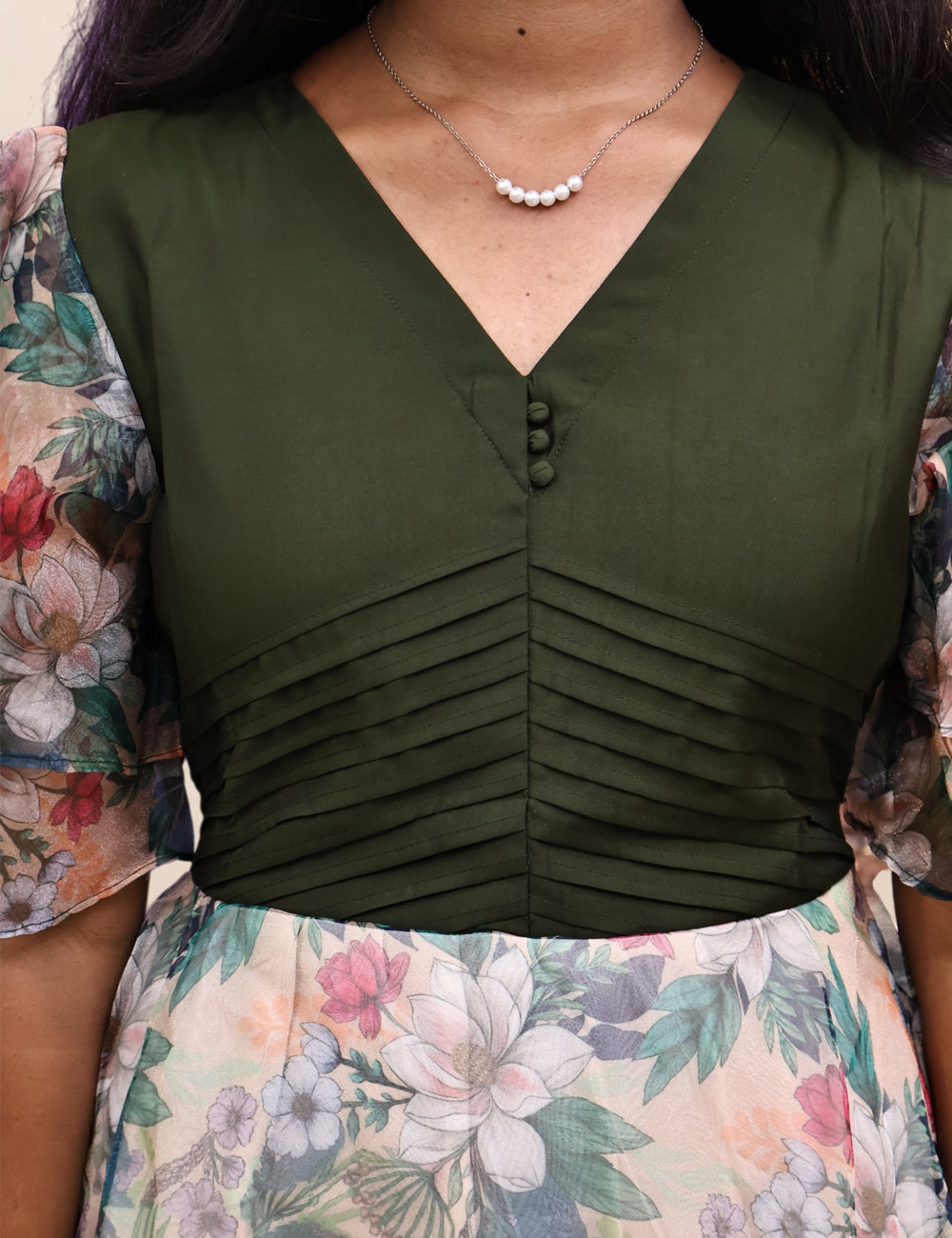 Olive Green & Floral Organza Flared Dress