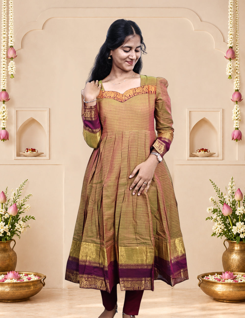 Brown Chettinad Cotton Kurti & Dupatta Set