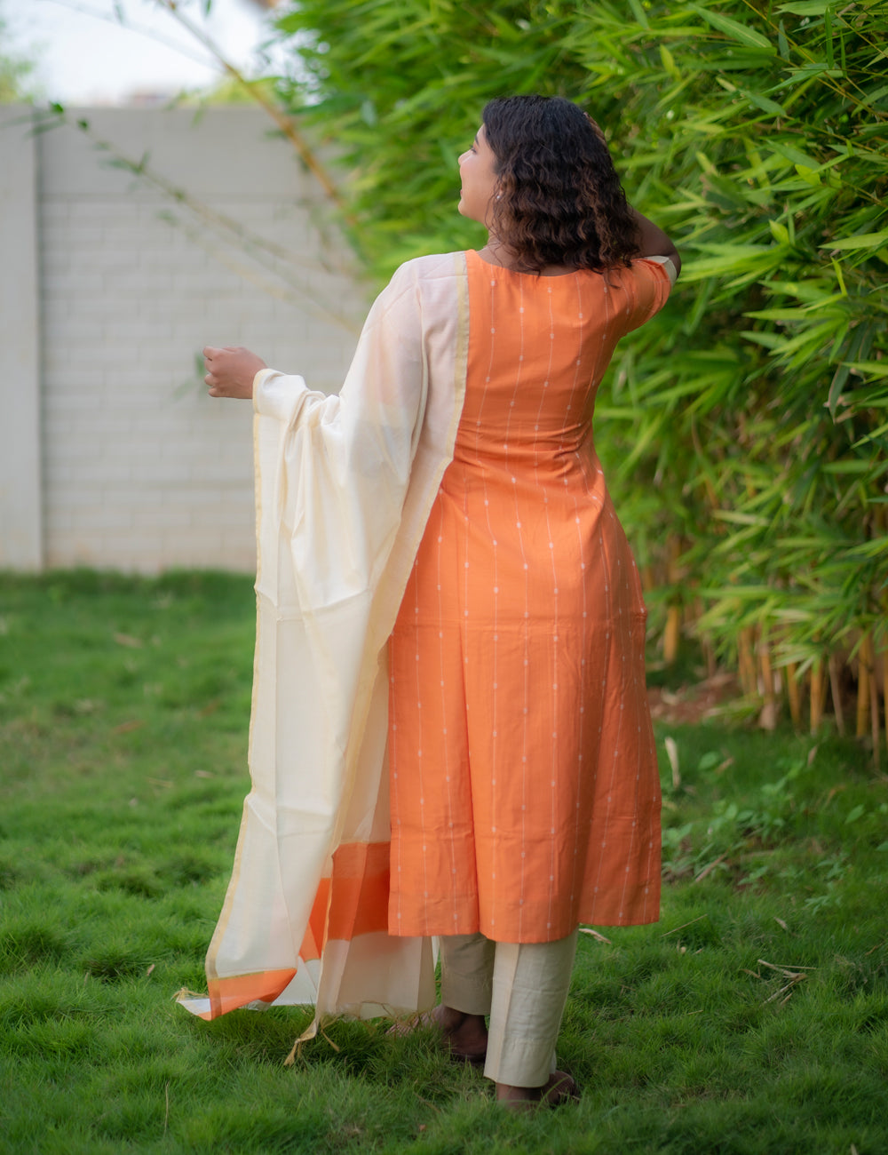 PEACH ORANGE RAW SILK BUTTA DESI GRACE KURTI SET 3 PCS