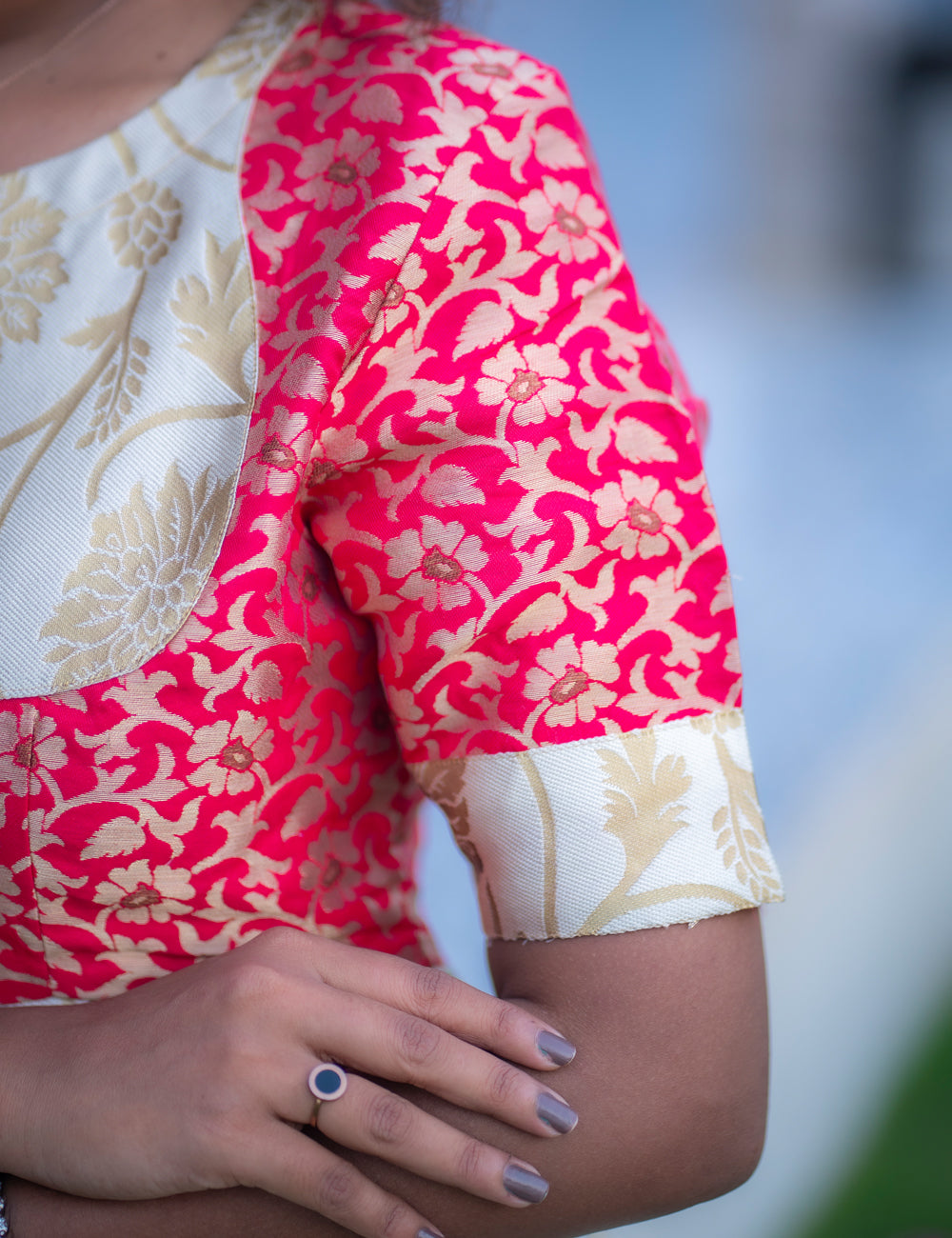 CREAM WITH RED BANARASI SHINY FULL FROCK