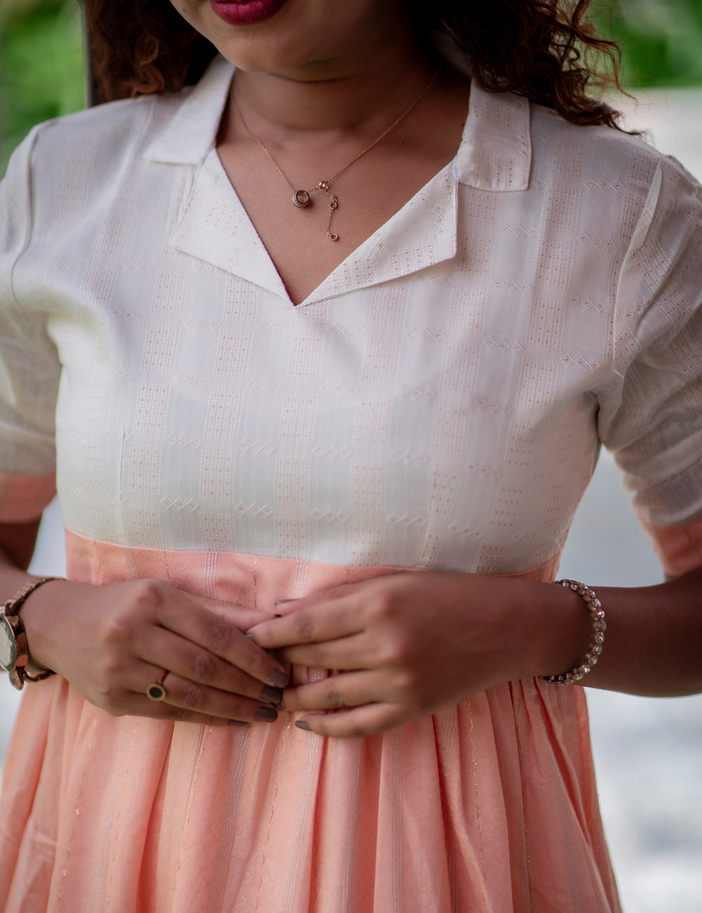 PEACH WITH OFF WHITE JAQUARD RIYAH MIDI DRESS