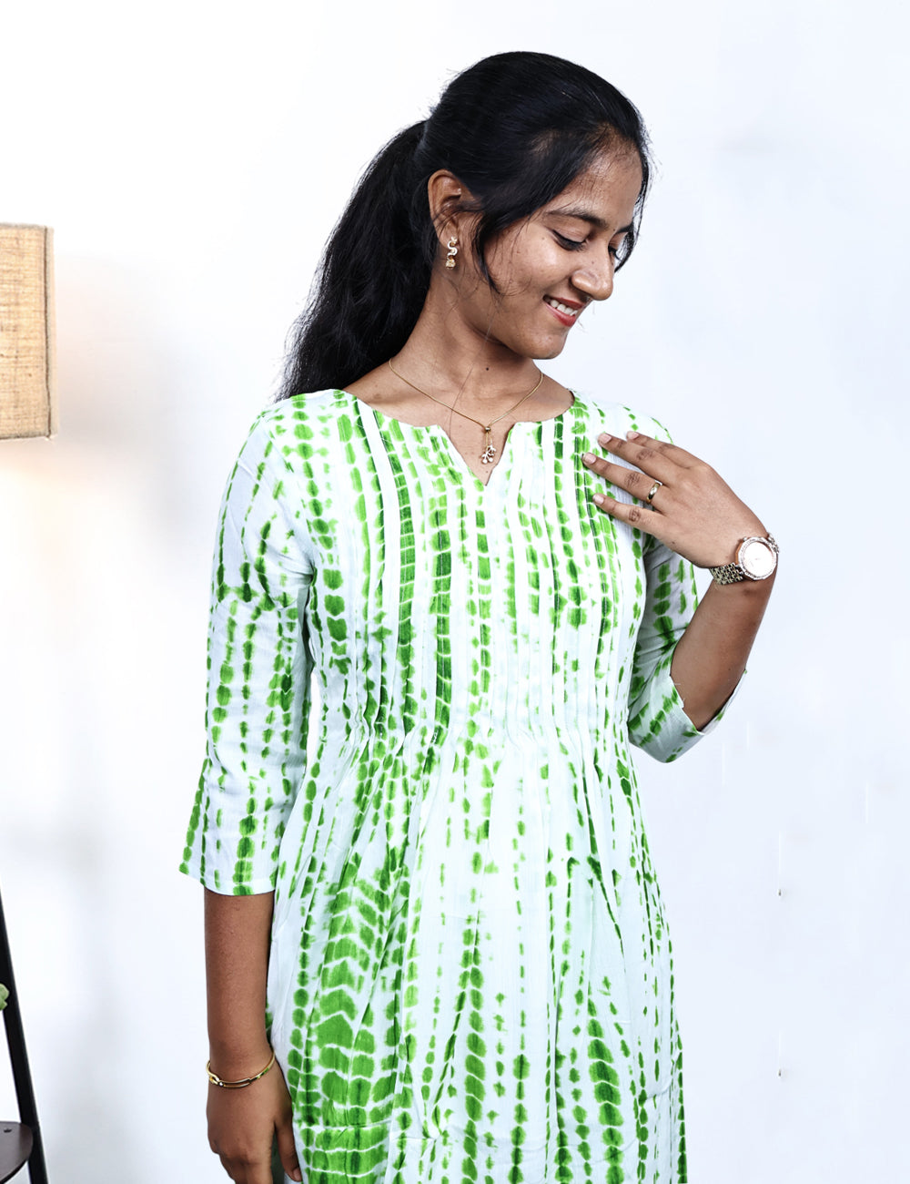 White / Green Tie-Dye A-line Kurti