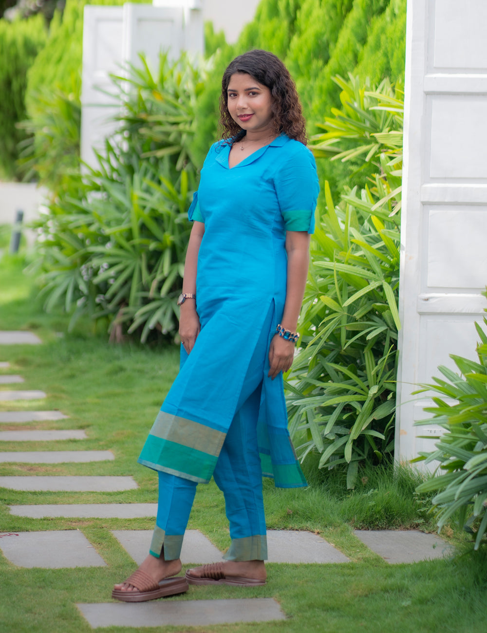 SKYBLUE PLAIN WITH ELEGANT BORDER MAYIL CO-ORD SET 2PC