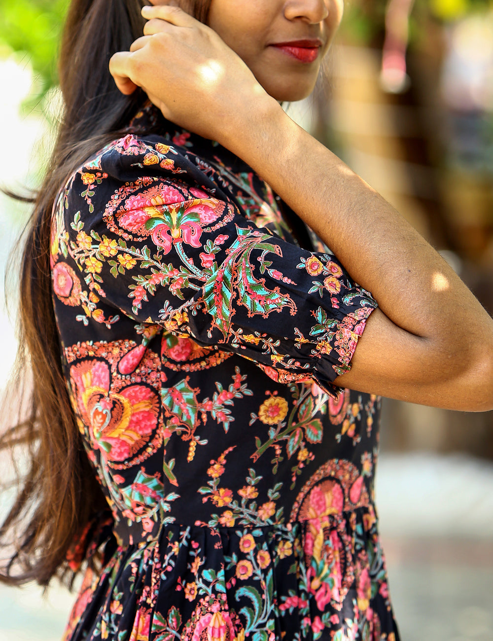 Black Nishika Floral Cotton Maxi Dress for Women
